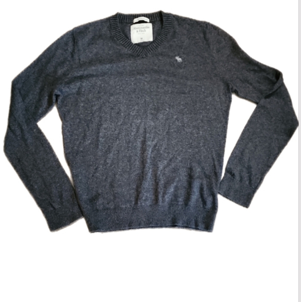 Abercrombie & Fitch Gray Vintage V-Neck Sweater Moose Logo Cashmere Blend